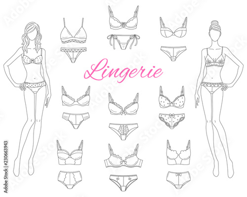 Female lingerie collection with beautiful fashion models, vector sketch illustration.