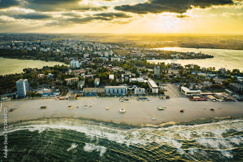 Sunset over Mamaia village at the Black Sea Coast, Ccnstanta, Romania photo