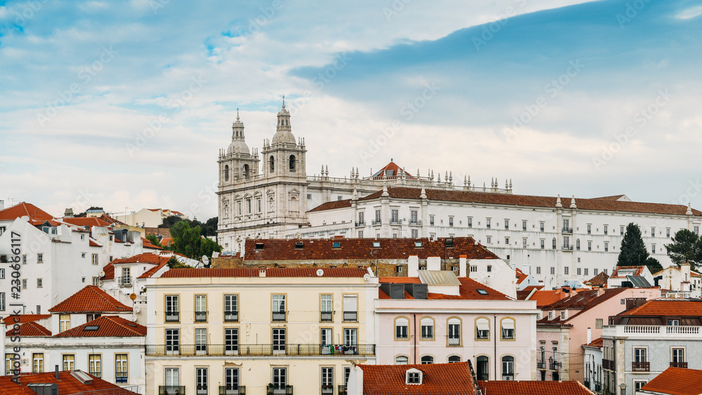 Panoramic view of Alfama district of Lisbon with Sao Vicente church