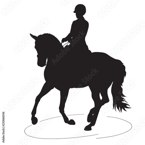 A silhouette of a dressage rider on a horse executing the pirouette.