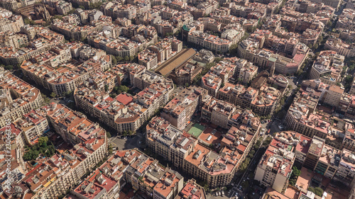 Typical square quarters of Barcelona. Aerial view