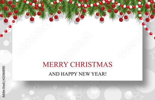 Christmas background, New Year decoration with garland fir branches, beads and holly berry. Vector illustration.
