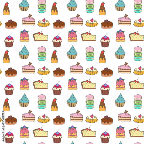 Seamless pattern with hand drawn bakery products.