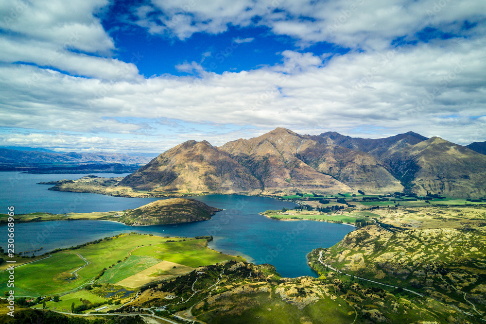 Arial view of Lake  Wanaka in New Zealand