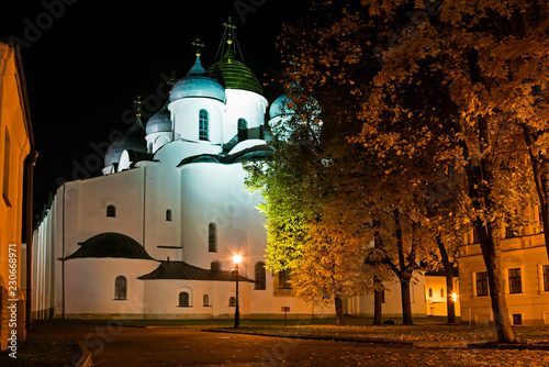 Night, autumn, St. Sophia Cathedral in the light of lanterns.