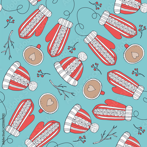 Seamless pattern with red mittens and cup. Hand-drawn vector illustration.