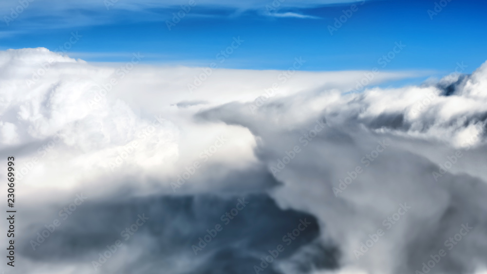 thunderstorm clouds sky aerial view with dramatic storm background panoramic overview from above and blue horizon weather nature theme pattern landscape bitmap design reference