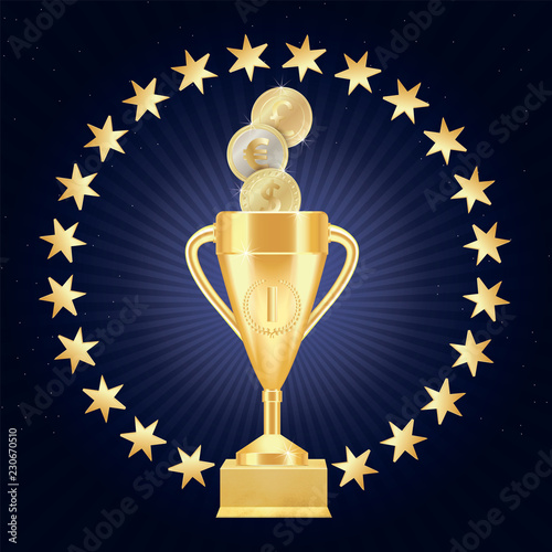 Golden realistic Trophy cup or goblet with number one, laurel wreath and gold stars in a circle on textured gilded stand isolated on white background. Vector illustration