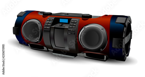 Street style portable hifi Stereo system recorder. Modern realistic Boombox mockup in silver and grey colours. Hip hop, Rap, Rock, pop culture. Vector illustration isolated on white background.