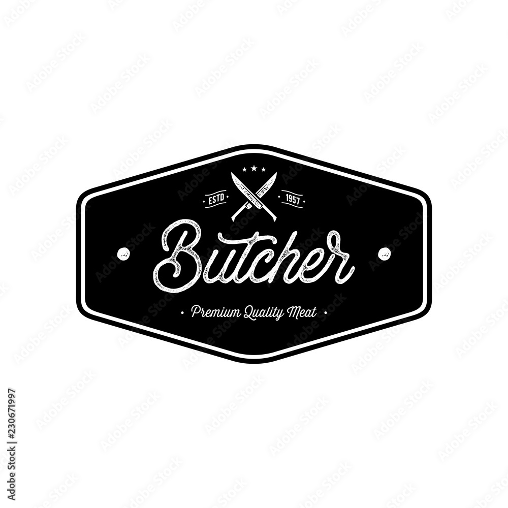 Butcher Emblem hexagon Knife Grunge White Vector