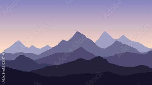 Vector abstract illustration of a multi-layered mountain landscape under a purple morning or evening sky with a rising or setting sun - vector