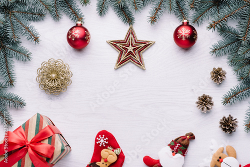 Beautiful celebratory Christmas background. New Year's holidays. Christmas holidays. Beautiful Christmas decorations on the wooden background. Loft style. Mockup