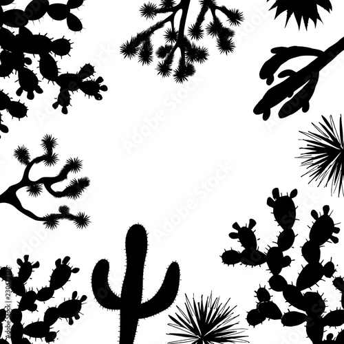 Exotic wildflower cactus frame. Saguaro, prickly pear, and joshua tree banner