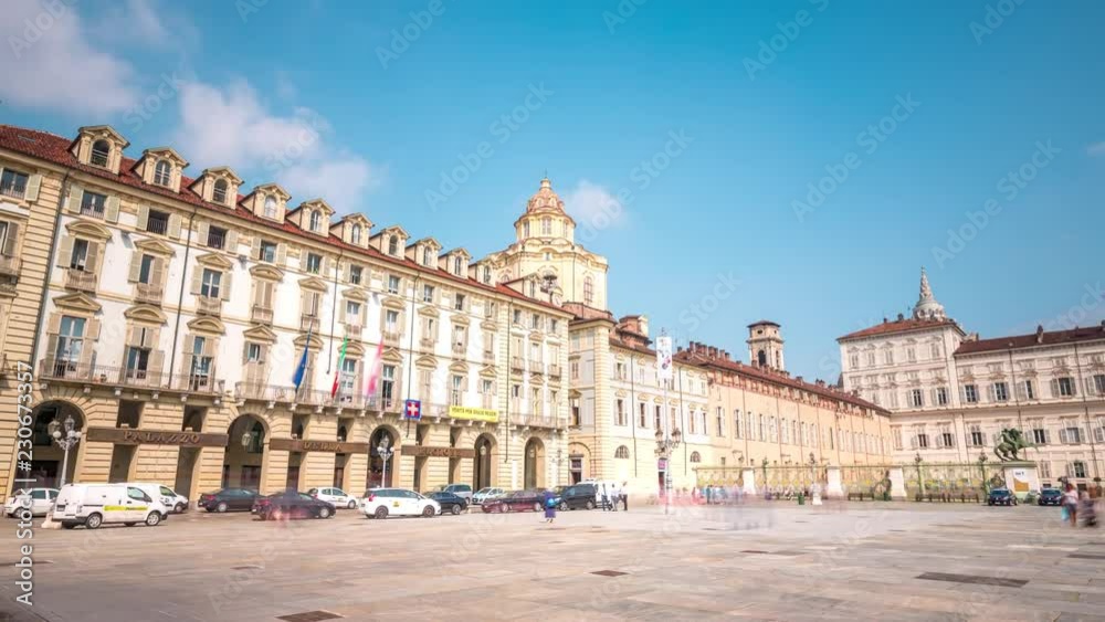 Turin Piazza Castello square, Royal Church of San Lorenzo (Real Chiesa di San Lorenzo) in Turino Italy timelapse hyperlapse video. Torino Italy City Turin Piazza Castello square, Royal Church of San Lorenzo (Real Chiesa di San Lorenzo) in Turino Italy timelapse hyperlapse video. Torino Italy City