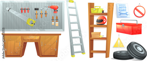 Furniture for garage mechanic. The auto car sign, and shelf with motorcycle helmet and a board with tools