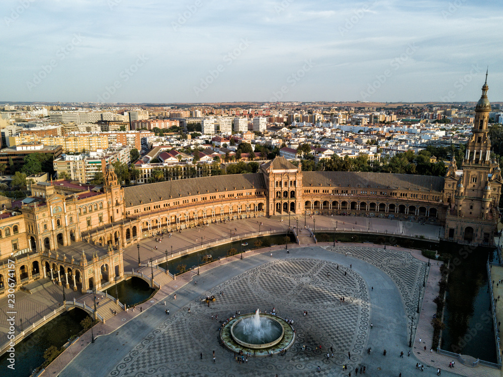 Aerial Drone sunset photo of the Plaza de España, the iconic city square in the city of Seville (Sevilla), Spain  