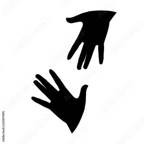 Silhouettes of two arms outstretched to each other. Vector isolated monochrome picture.