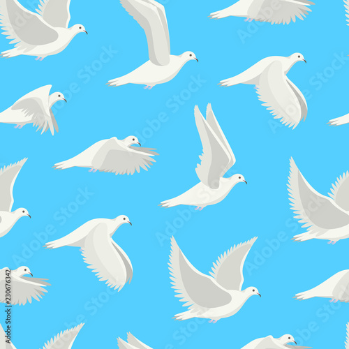 Cartoon White Dove Bird Seamless Pattern Background. Vector