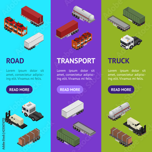 Different Types Trailers 3d Banner Vecrtical Set Isometric View. Vector