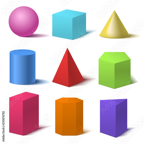Realistic Detailed 3d Color Basic Shapes Set. Vector