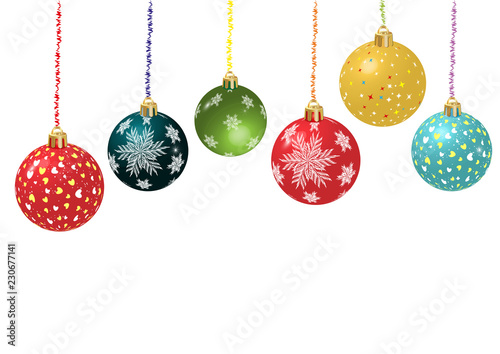 Bright colorful Christmas balls. Merry Christmas background with snow. Vector