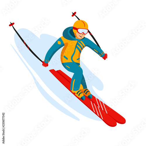 Vector skier cartoon flat style. Man in the ski resort. Winter sport activity. Simple characters. Isolated on white background