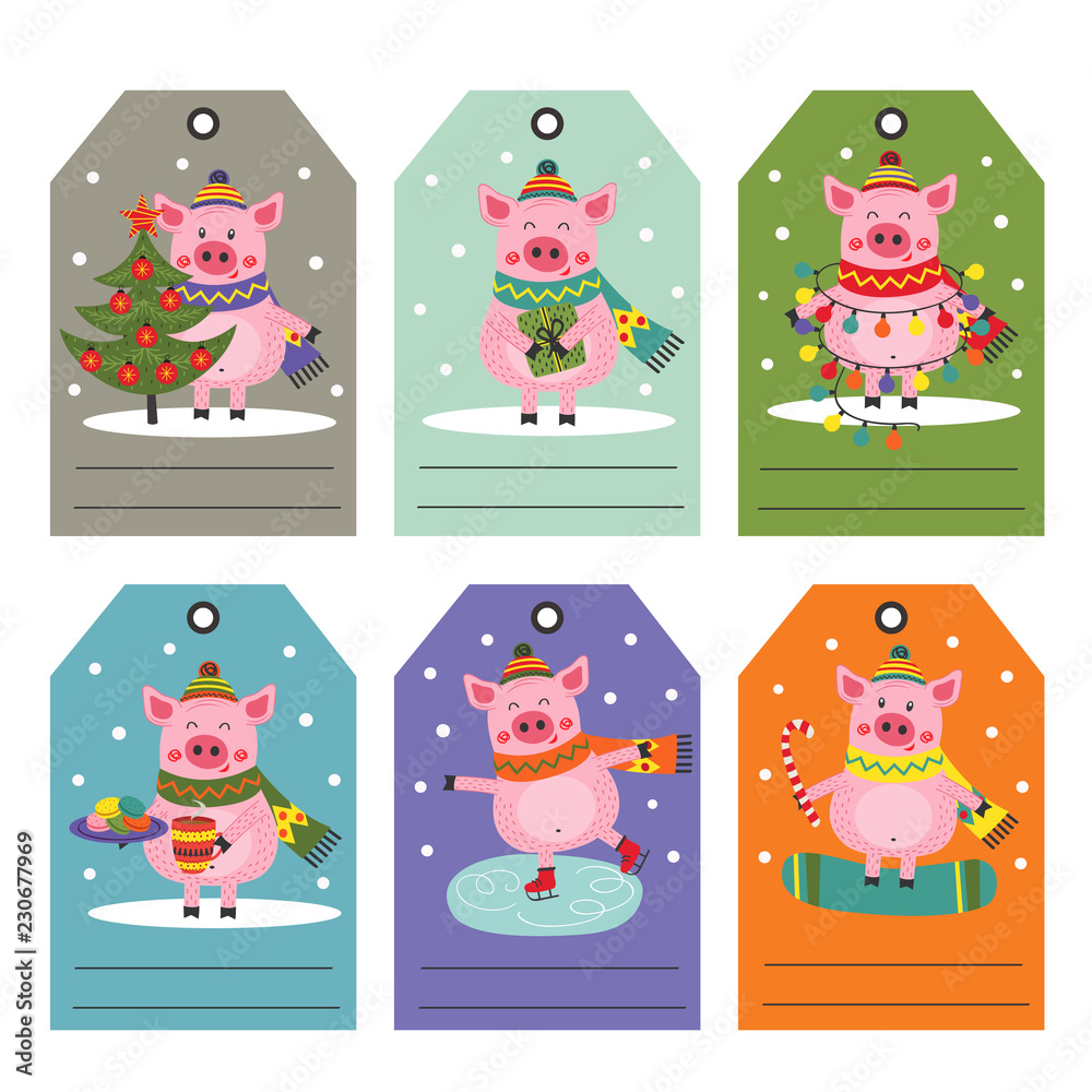 set of tags with christmas pig - vector illustration, eps