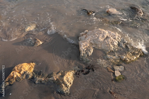 Sea shore with sand and stones and rocks in the water at sunset, close-up