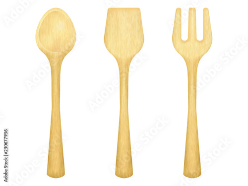set of wooden kitchen utensils, spoon, fork, spatula. realistic style. vector illustration.