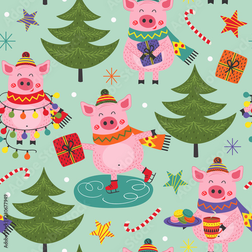 seamless pattern with christmas pig - vector illustration, eps
