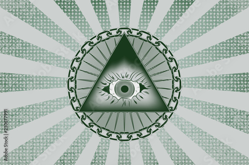 graphic pyramid with an eye of the skull in a circle of a metal chain. wavy line. radial background in green tones
