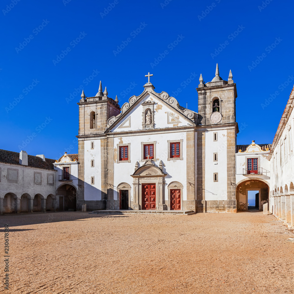Church and Pilgrim lodgings of Santuario de Nossa Senhora do Cabo Sanctuary. Cabo Espichel Cape. Baroque architecture. Sesimbra, Portugal