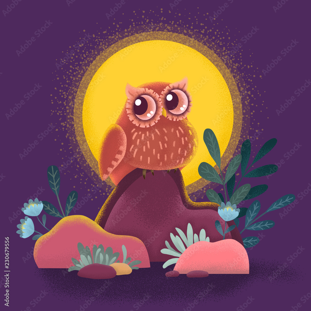 Obraz premium Cute flat illustration with owl on the stone. Night guard. Flat with noises. Children's illustration.