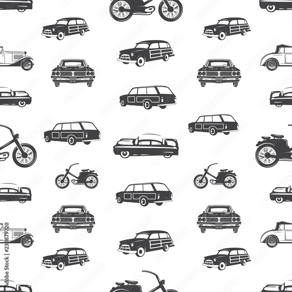 Fototapeta Surfing transport seamless pattern. Retro Surf car, motorcycle wallpaper background in monochrome style. Vintage hand drawn concept. Stock illustration isolated on white