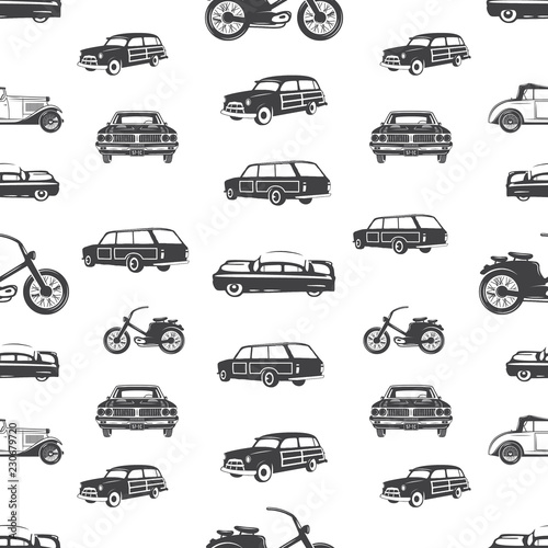 Surfing transport seamless pattern. Retro Surf car, motorcycle wallpaper background in monochrome style. Vintage hand drawn concept. Stock illustration isolated on white
