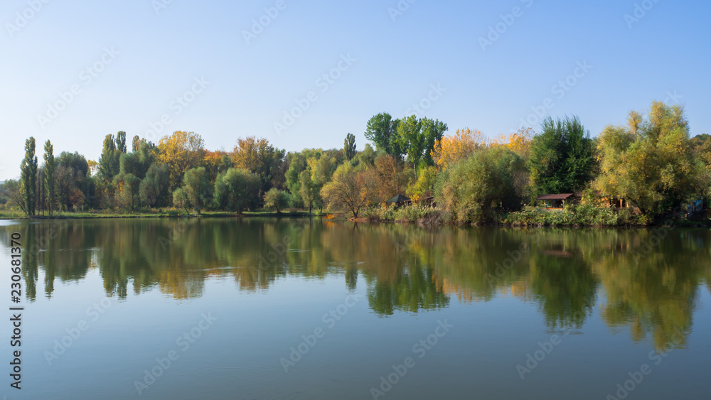 Autumn landscape with trees by the water.