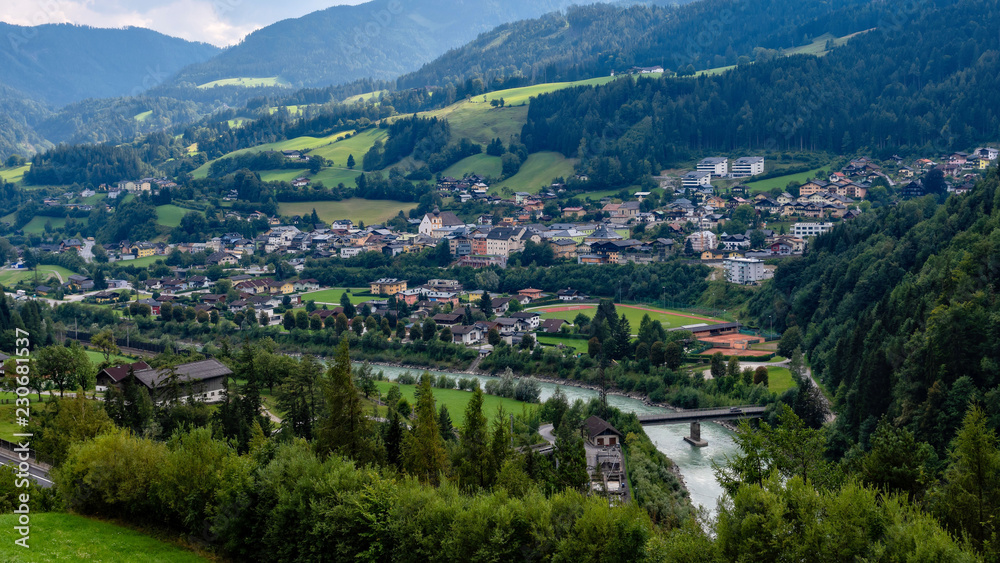 Obraz premium Aerial view of the Werfen village in Austria famous for Hohenwerfen castle and Eisriesenwelt ice cave.