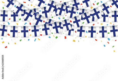 Fototapeta Naklejka Na Ścianę i Meble -  Finland flags garland white background with confetti, Hang bunting for Finland independence Day celebration template banner, Vector illustration