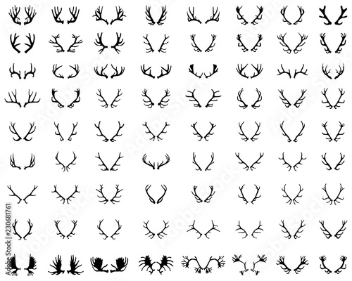 Black silhouettes of different deer horns on a white background