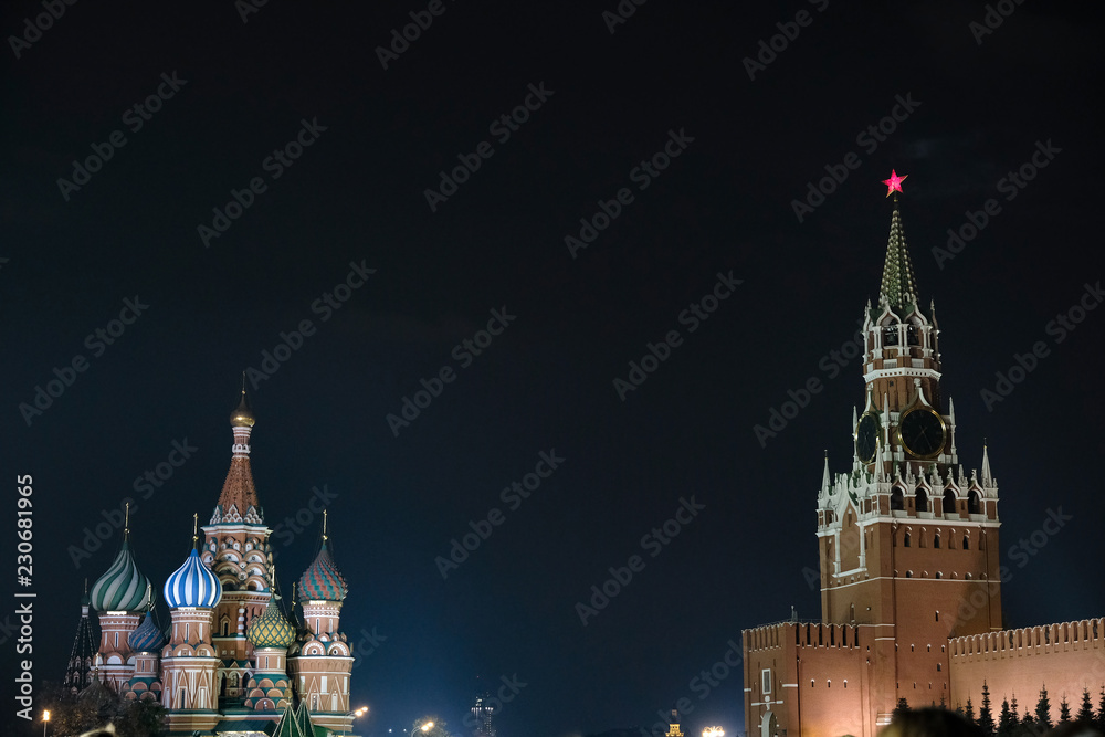 St. Basil's Cathedral and Spasskaya tower against the night sky, Moscow red square.