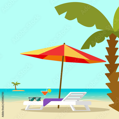 Beach lounge chair near sea and sun umbrella and palm vector illustration, flat cartoon seafront resort landscape with beach sand and island on horizon, concept or vocation travel relax place