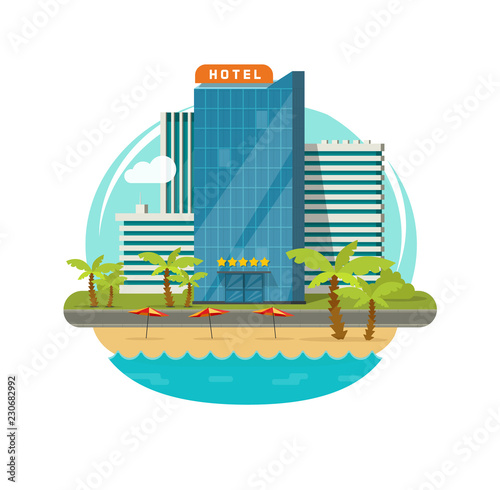 Hotel tower building eco isolated on beach resort sea or seafront palm trees view vector illustration, hostel motel guest house flat cartoon modern hotel on green grass, promenade or street graphic