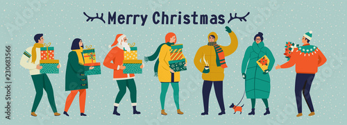Merry Christmas and happy New year vector greeting card with winter games and people. Celebration template with playing cute people in vintage style.