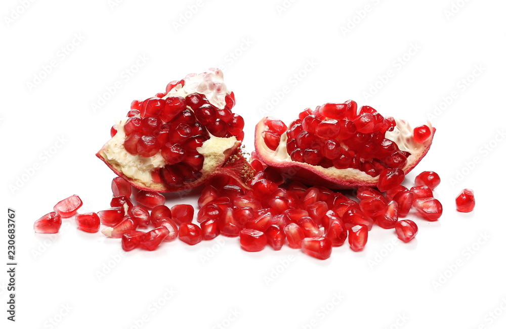 Pomegranate slice with seeds isolated on white background Pomegranate slice with seeds isolated on white background