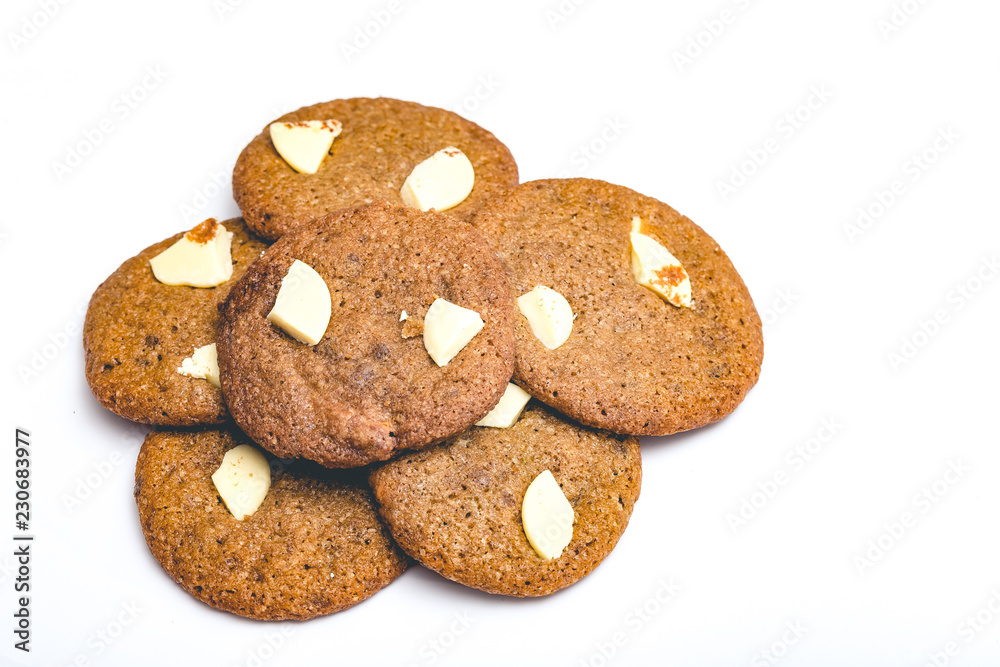Chip cookie homemade with white chocolate isolated on white background.