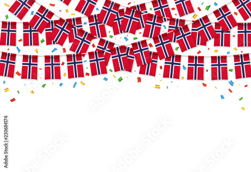 Norway flag garland white background with confetti, Hang bunting for Norway independence Day celebration template banner, Vector illustration