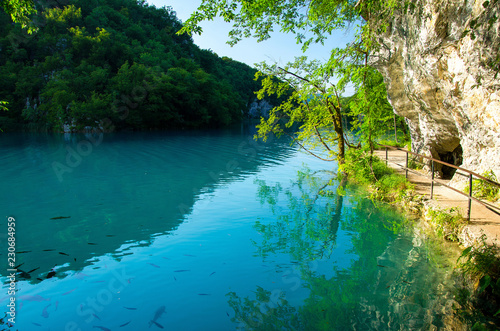Lake with clear turquoise water, National park Plitvice Lakes, Croatia