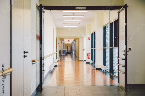 October 2018. Germany Helios Klinikum Krefeld. Interior hospital inside. Spacious deserted corridors of station, floor of new hospital, German European medicine. Theme of health care clinic interior photo