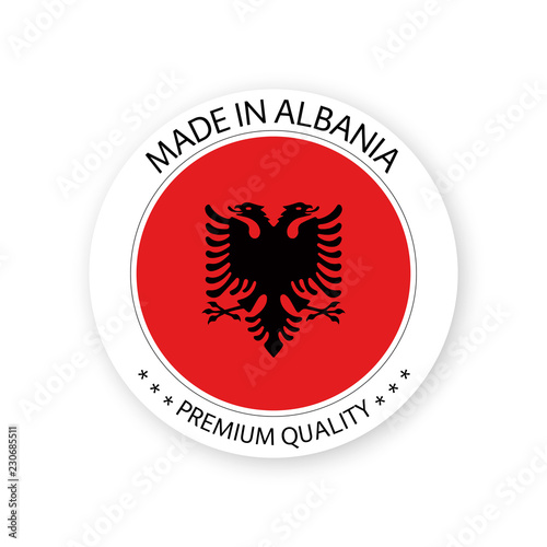 Modern vector Made in Albania label isolated on white background, simple sticker with Albanian colors, premium quality stamp design, flag of Albania
