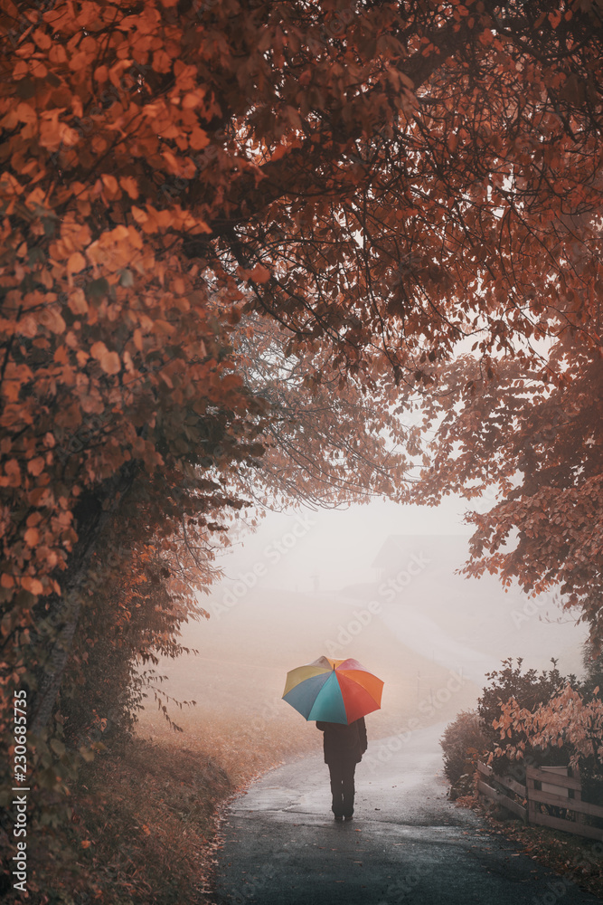 Rainy day in autumn on the Dolomites Alps. Girl with rainbow umbrella in the fog